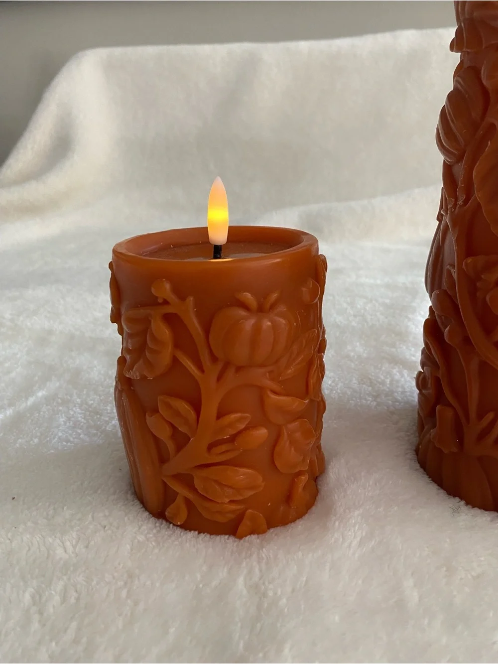 Decorative Fall Terracotta Orange Carved Pillar Candles - Set of 3